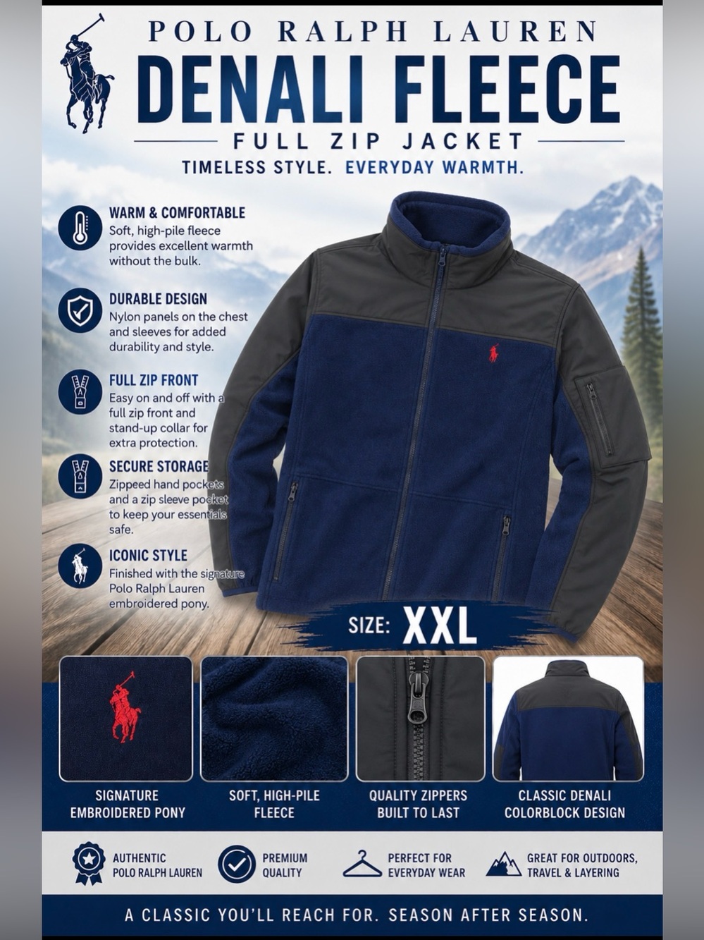 Polo Ralph Lauren Men’s Denali Full-Zip Fleece Jacket - Navy/Charcoal, Size XXL